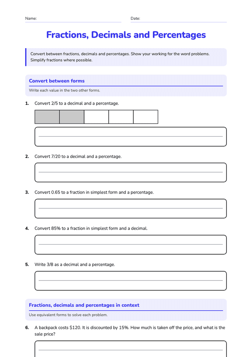 Fractions, Decimals and Percentages