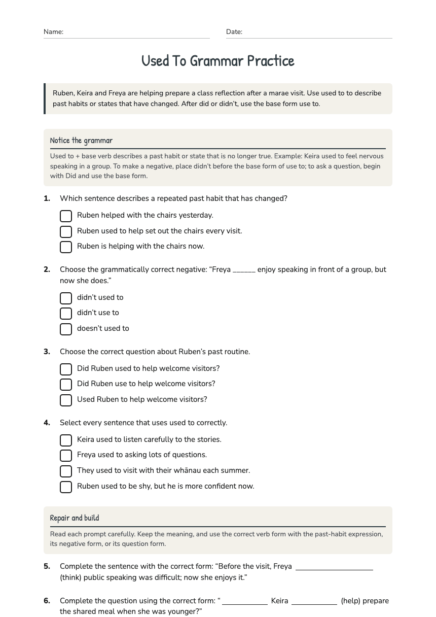 Used To Grammar Practice worksheet preview
