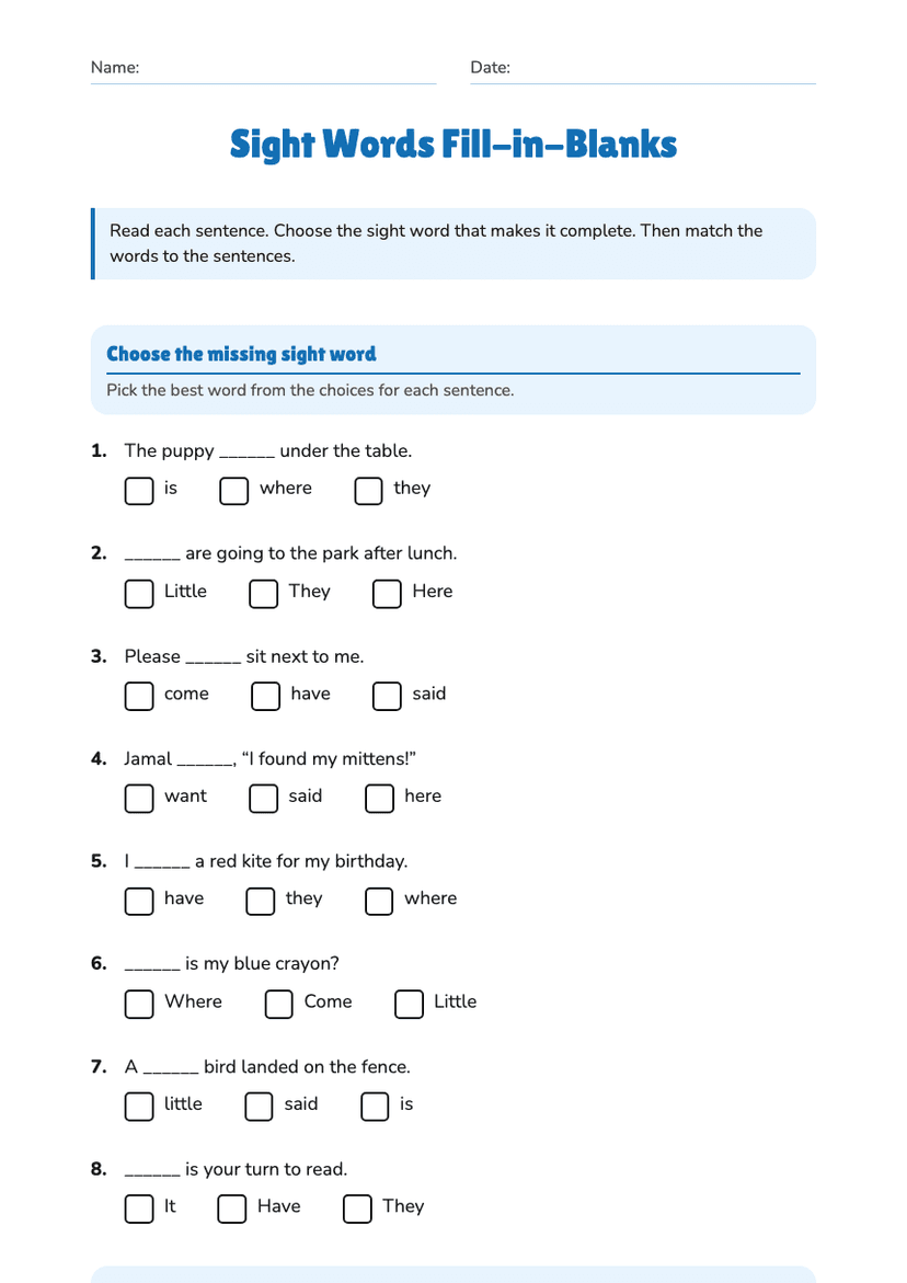 Sight Words Fill-in-Blanks