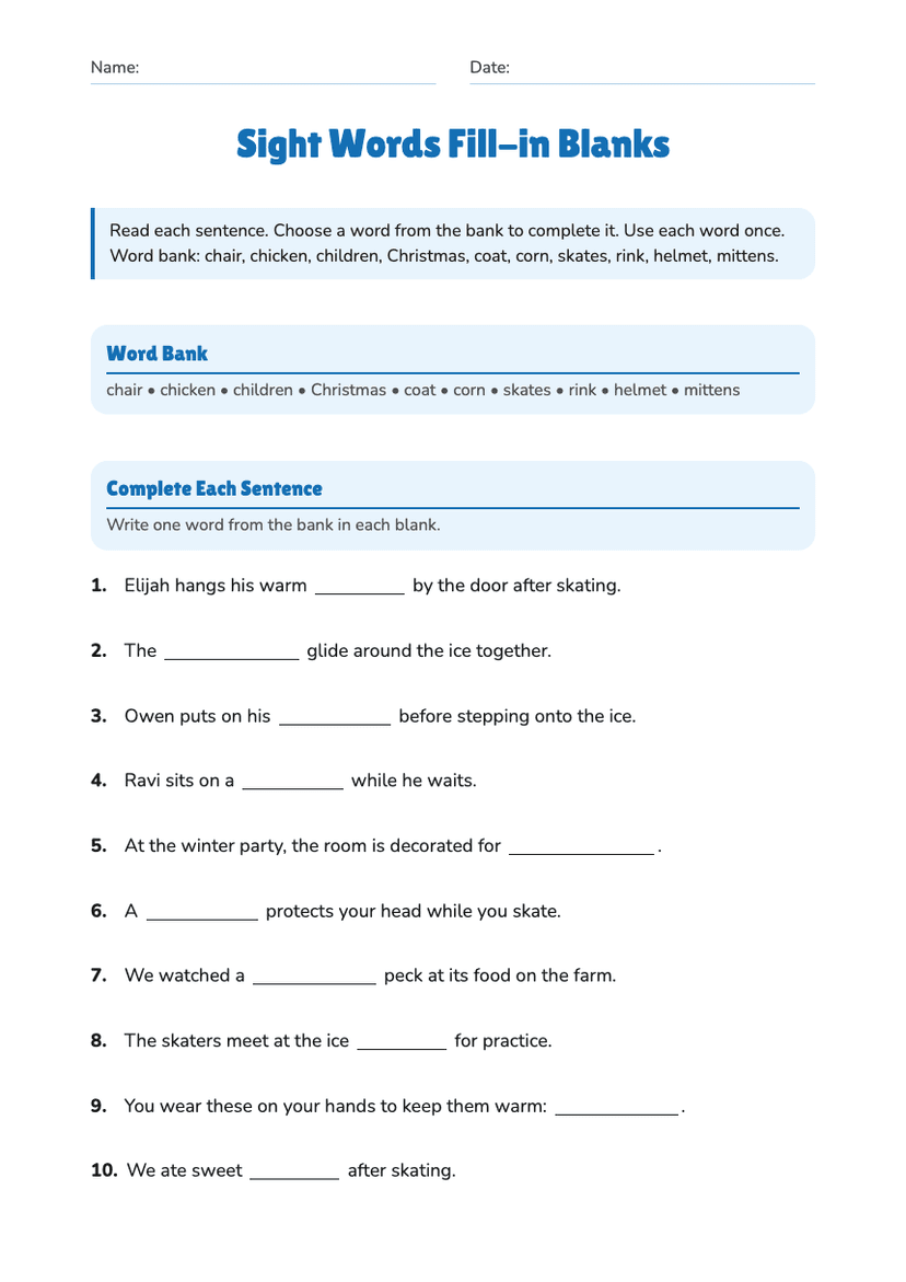 Sight Words Fill-in Blanks