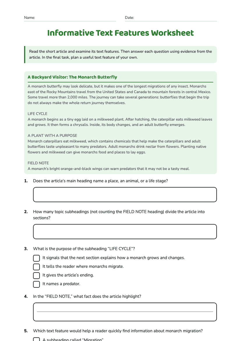 Informative Text Features Worksheet
