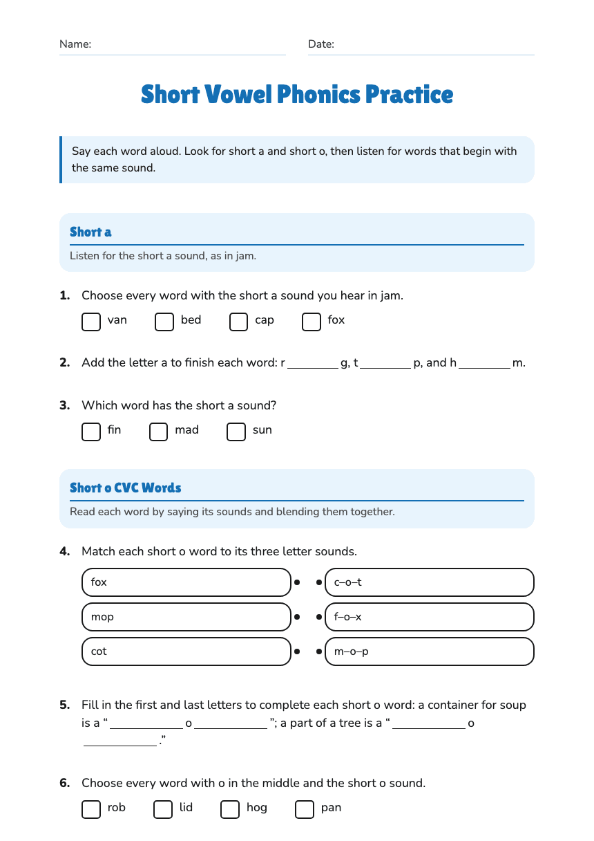 Short Vowel Phonics Practice worksheet preview