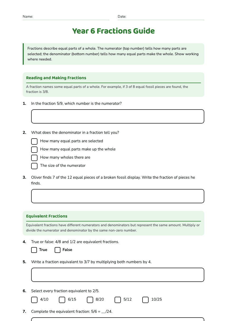 Year 6 Fractions Guide worksheet preview