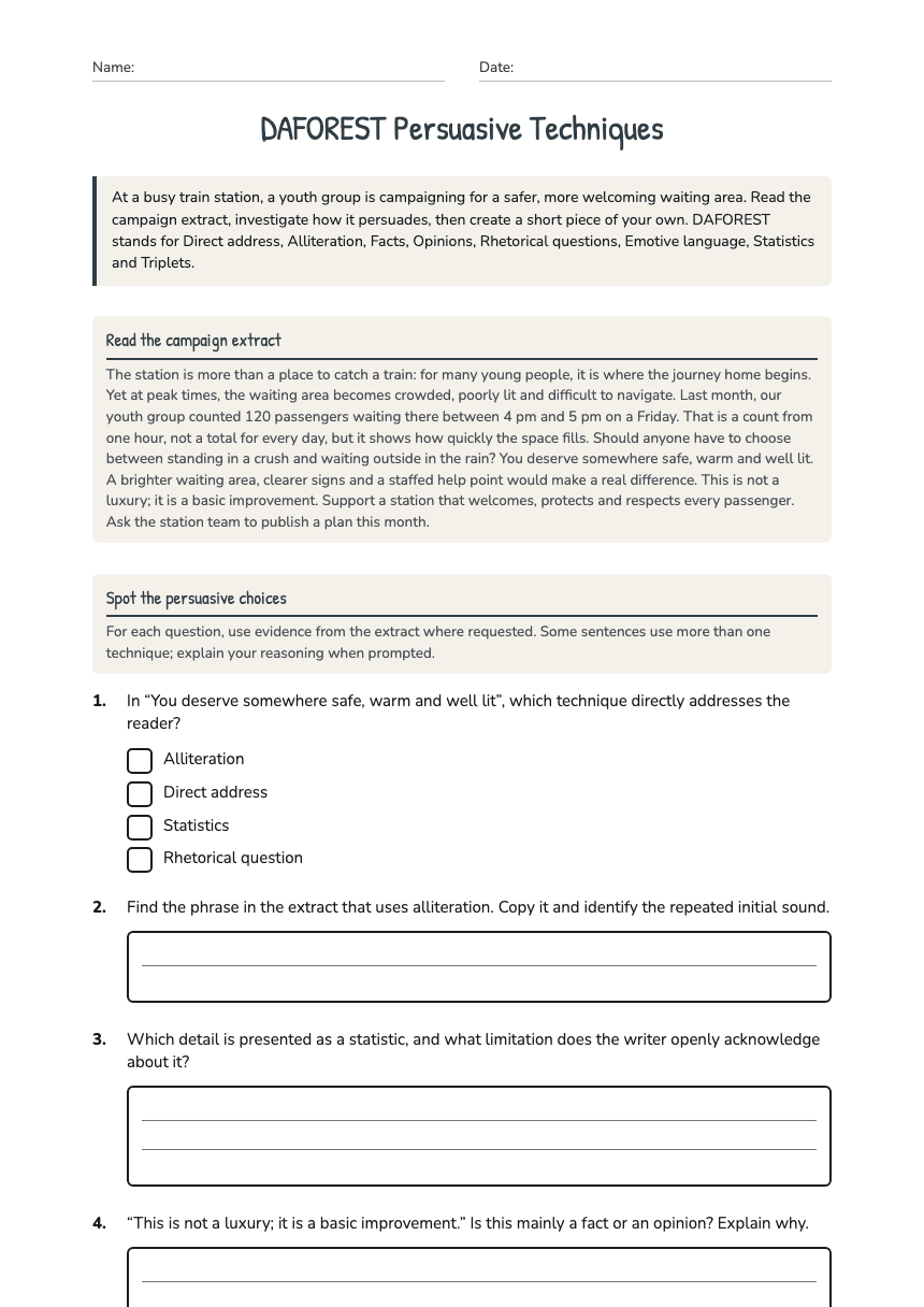DAFOREST Persuasive Techniques worksheet preview