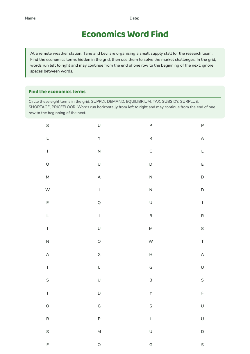 Economics Word Find worksheet preview