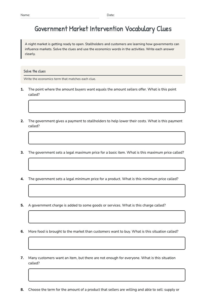 Government Market Intervention Vocabulary Clues worksheet preview
