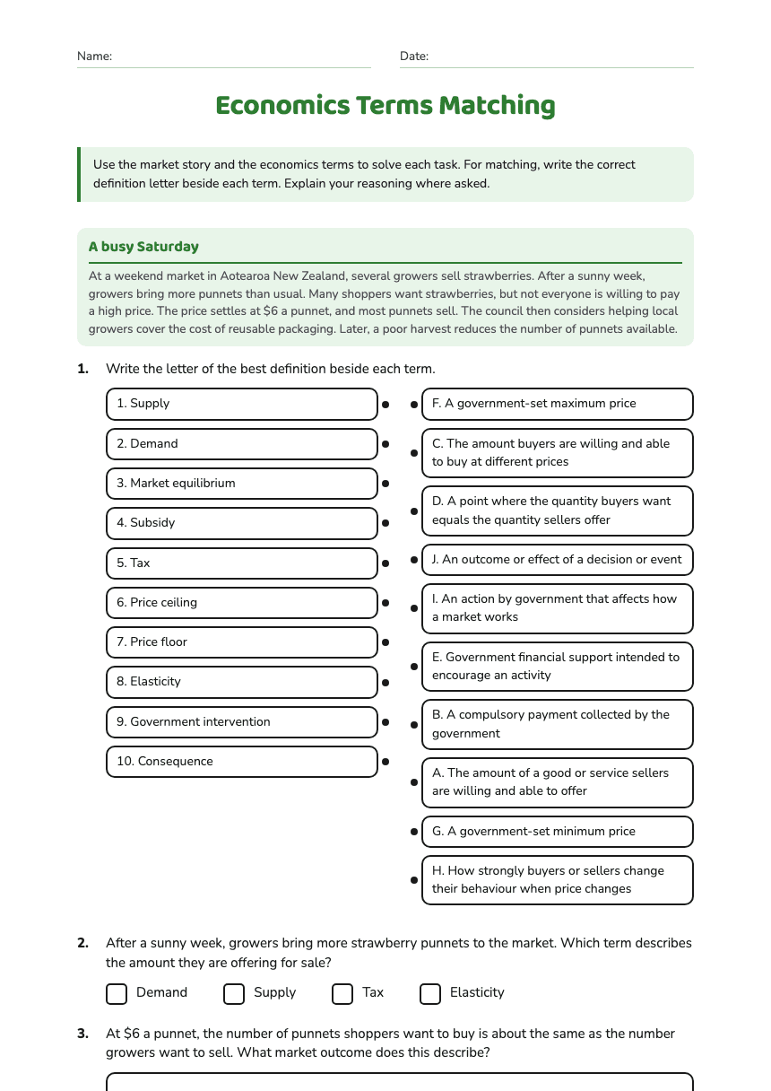 Economics Terms Matching worksheet preview