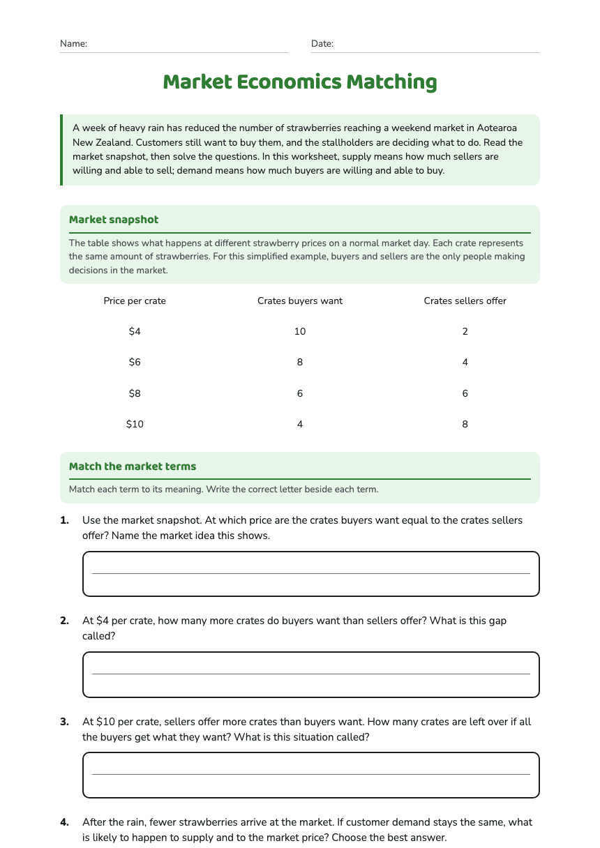 Market Economics Matching worksheet preview