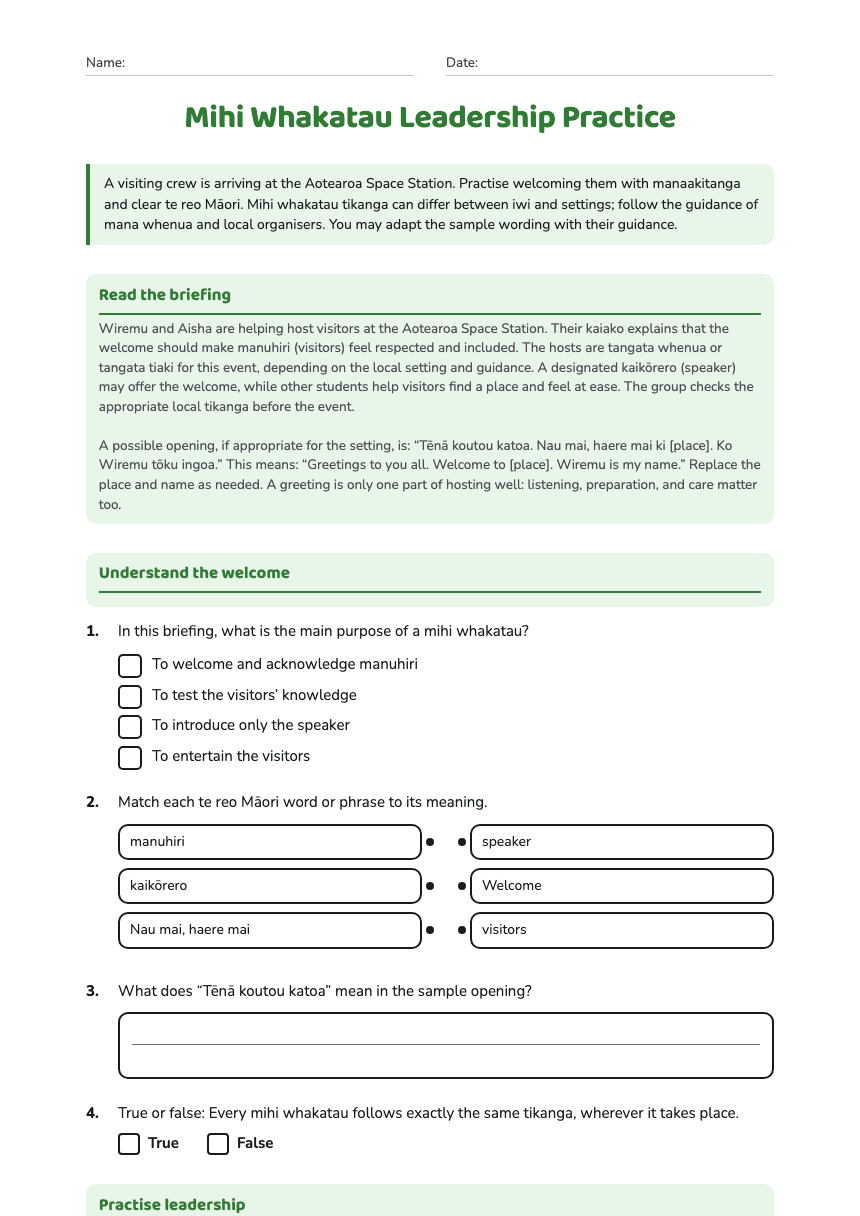 Mihi Whakatau Leadership Practice worksheet preview