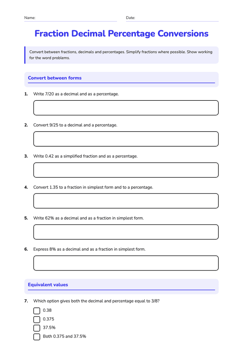 Fraction Decimal Percentage Conversions