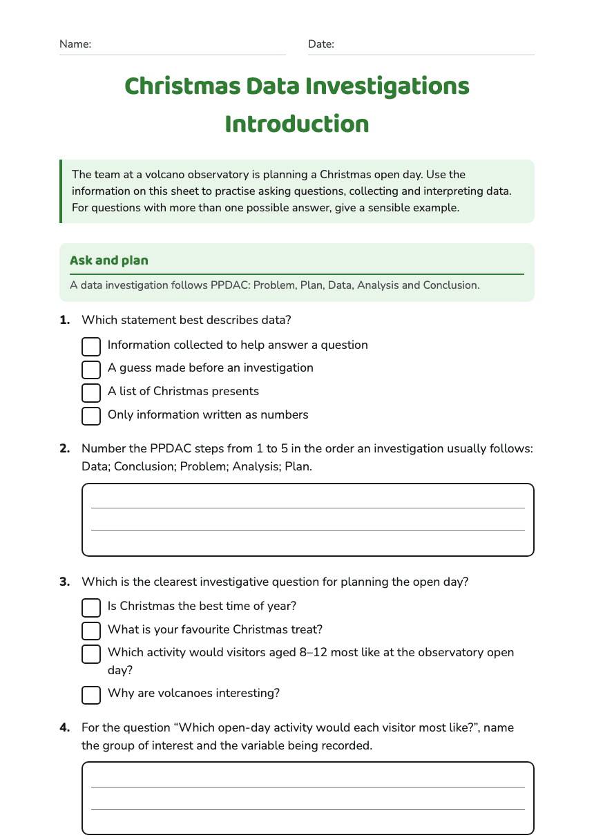 Christmas Data Investigations Introduction worksheet preview
