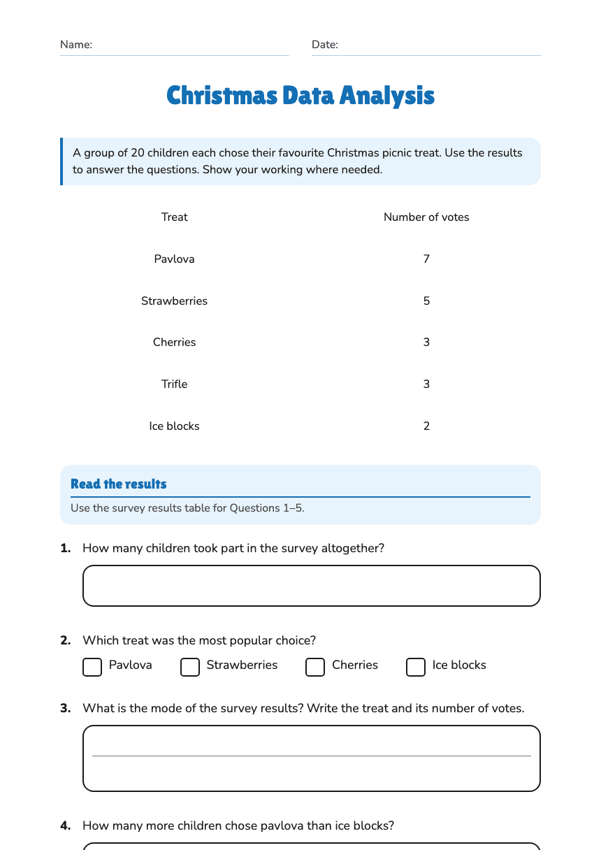 Christmas Data Analysis worksheet preview