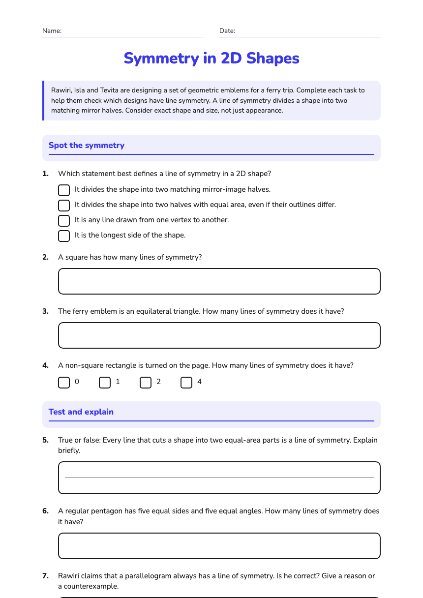 Symmetry in 2D Shapes worksheet preview