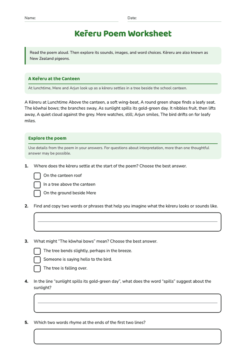 Kēreru Poem Worksheet