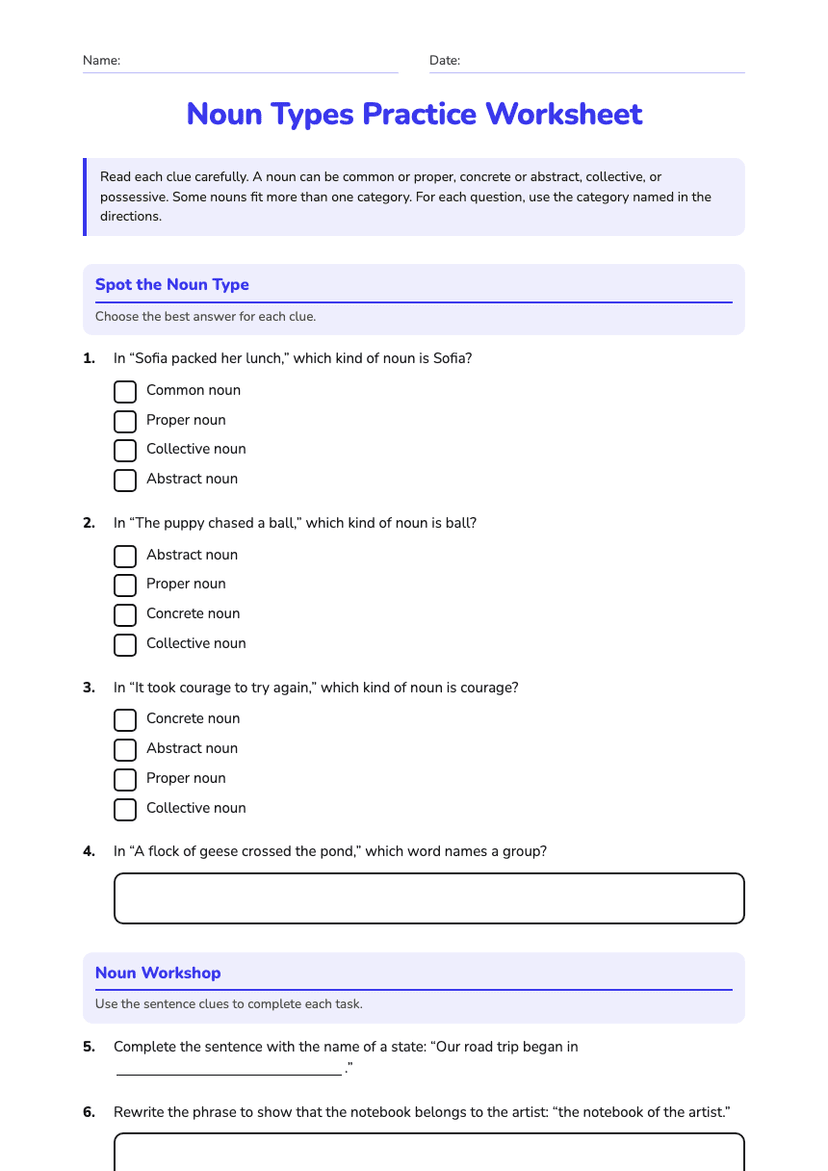 Noun Types Practice Worksheet