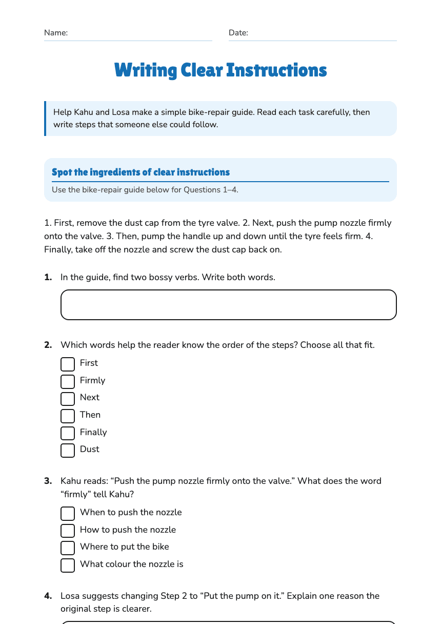 Writing Clear Instructions worksheet preview