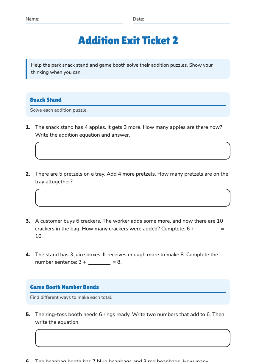 Addition Exit Ticket 2 worksheet preview
