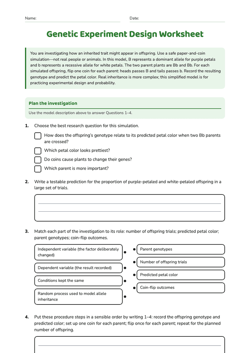 Genetic Experiment Design Worksheet