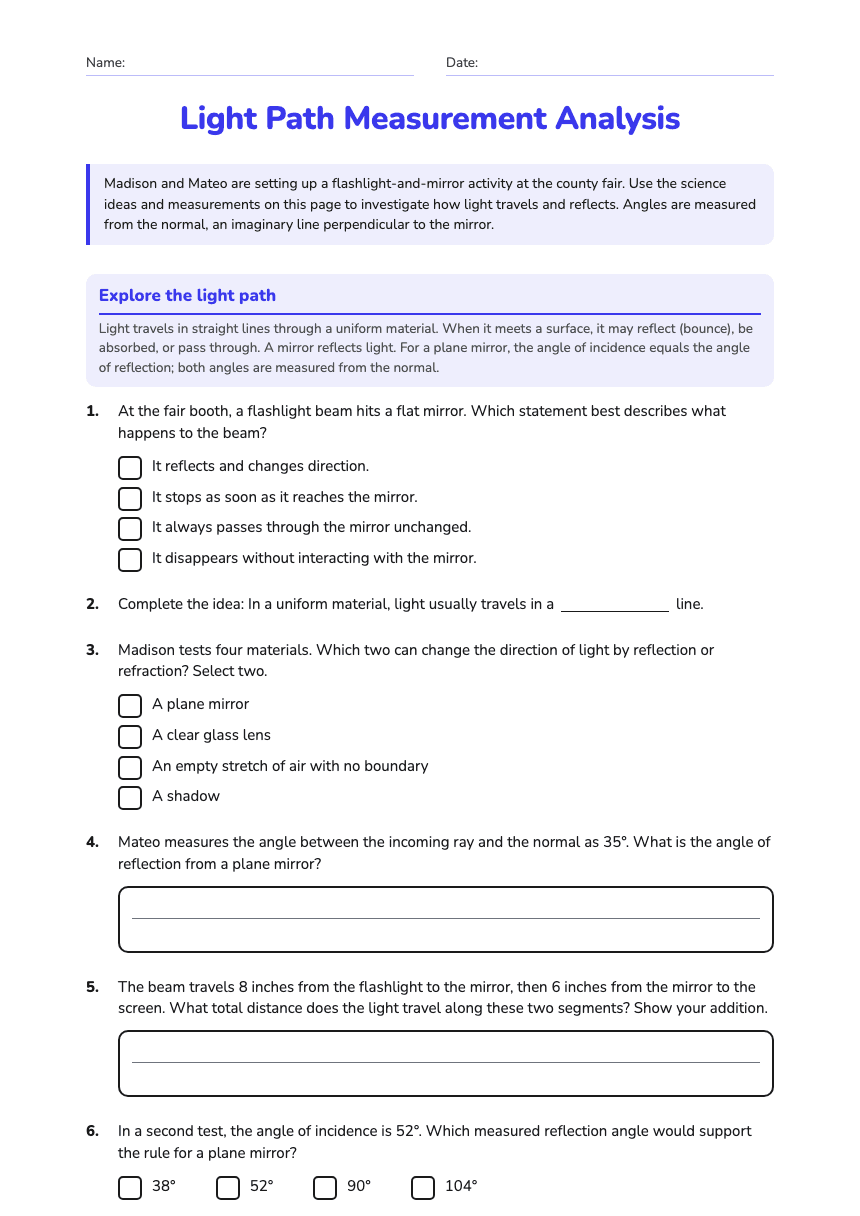 Light Path Measurement Analysis worksheet preview