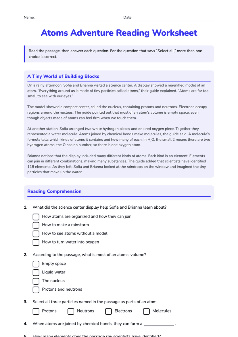 Atoms Adventure Reading Worksheet