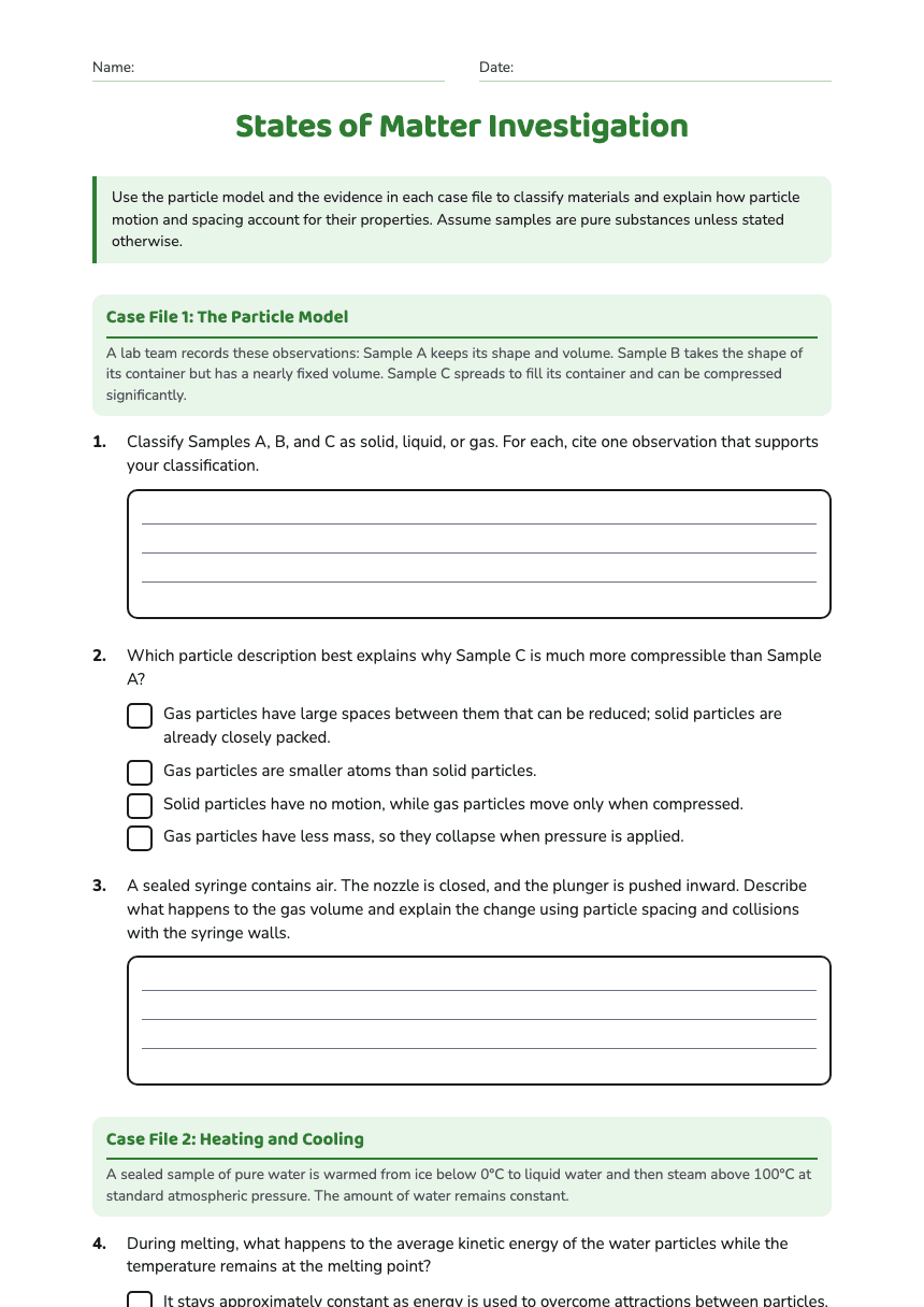 States of Matter Investigation worksheet preview