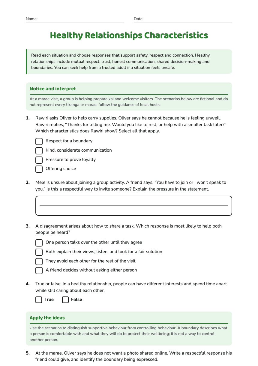 Healthy Relationships Characteristics worksheet preview