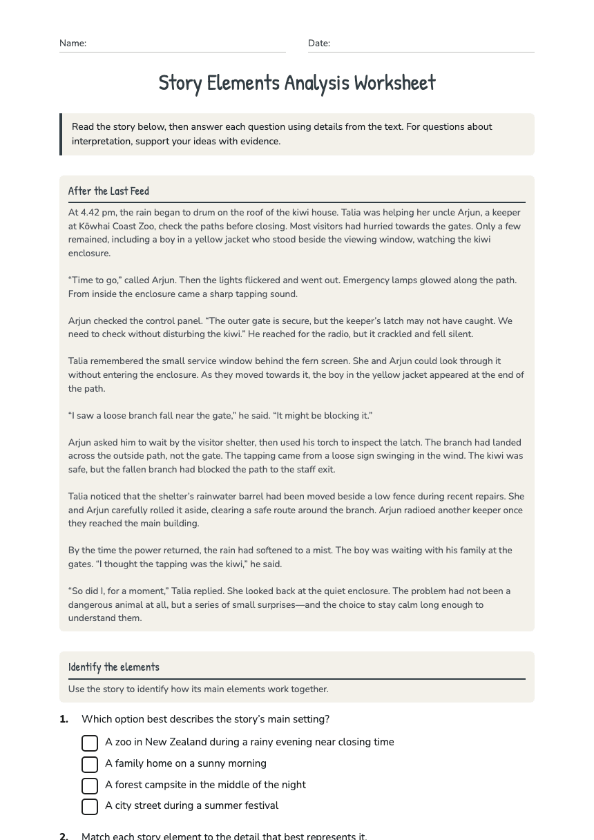 Story Elements Analysis Worksheet worksheet preview