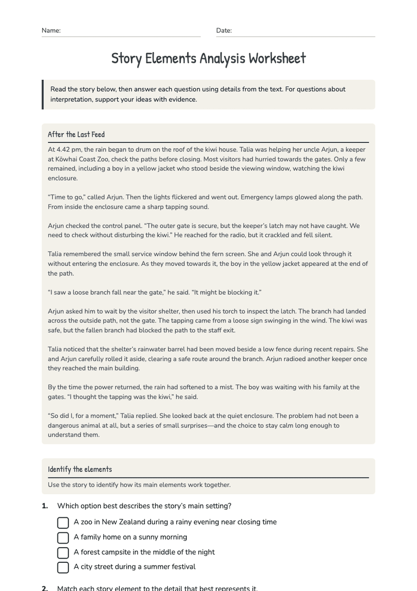 Story Elements Analysis Worksheet
