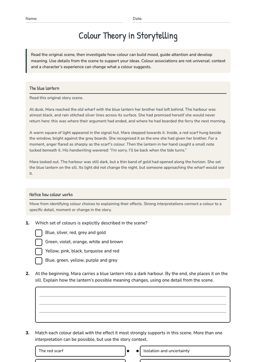 Colour Theory in Storytelling worksheet preview