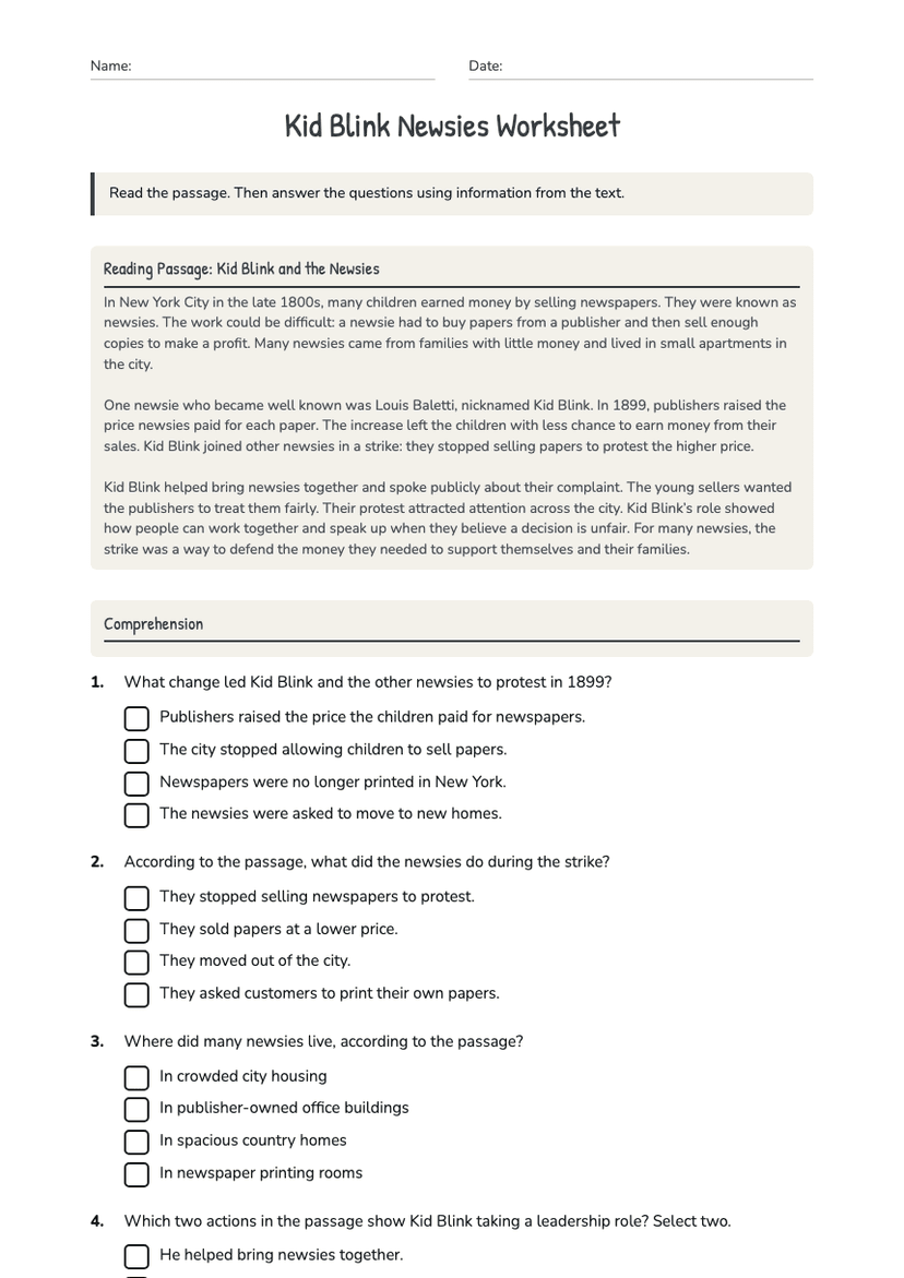 Kid Blink Newsies Worksheet
