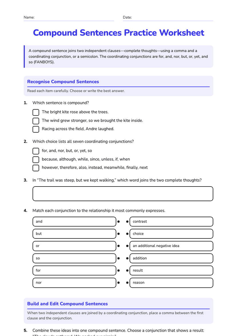 Compound Sentences Practice Worksheet