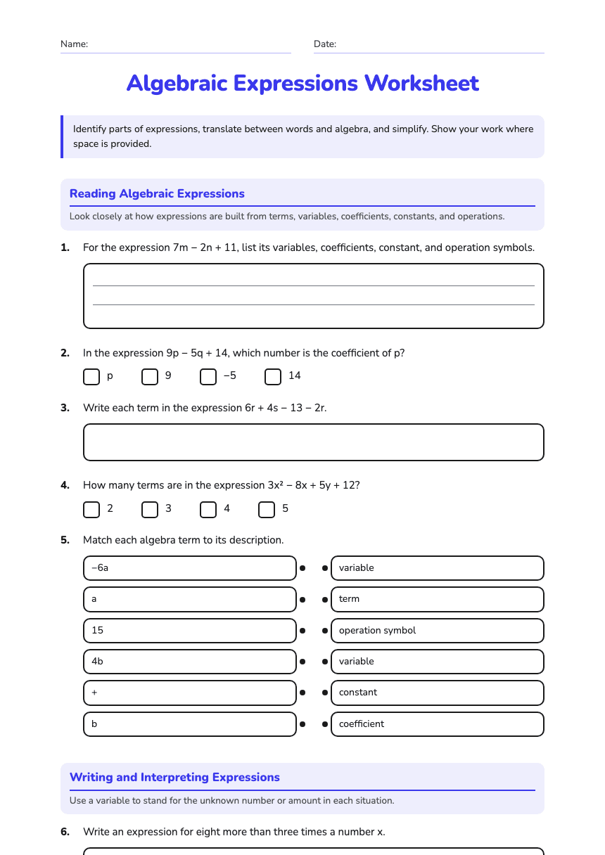 Algebraic Expressions Worksheet worksheet preview