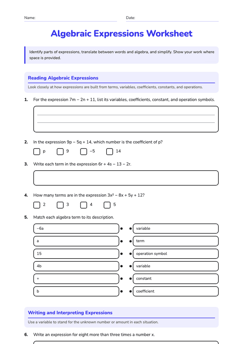 Algebraic Expressions Worksheet