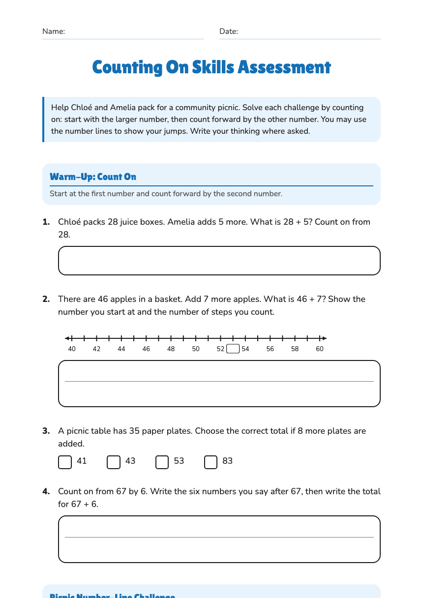 Counting On Skills Assessment worksheet preview