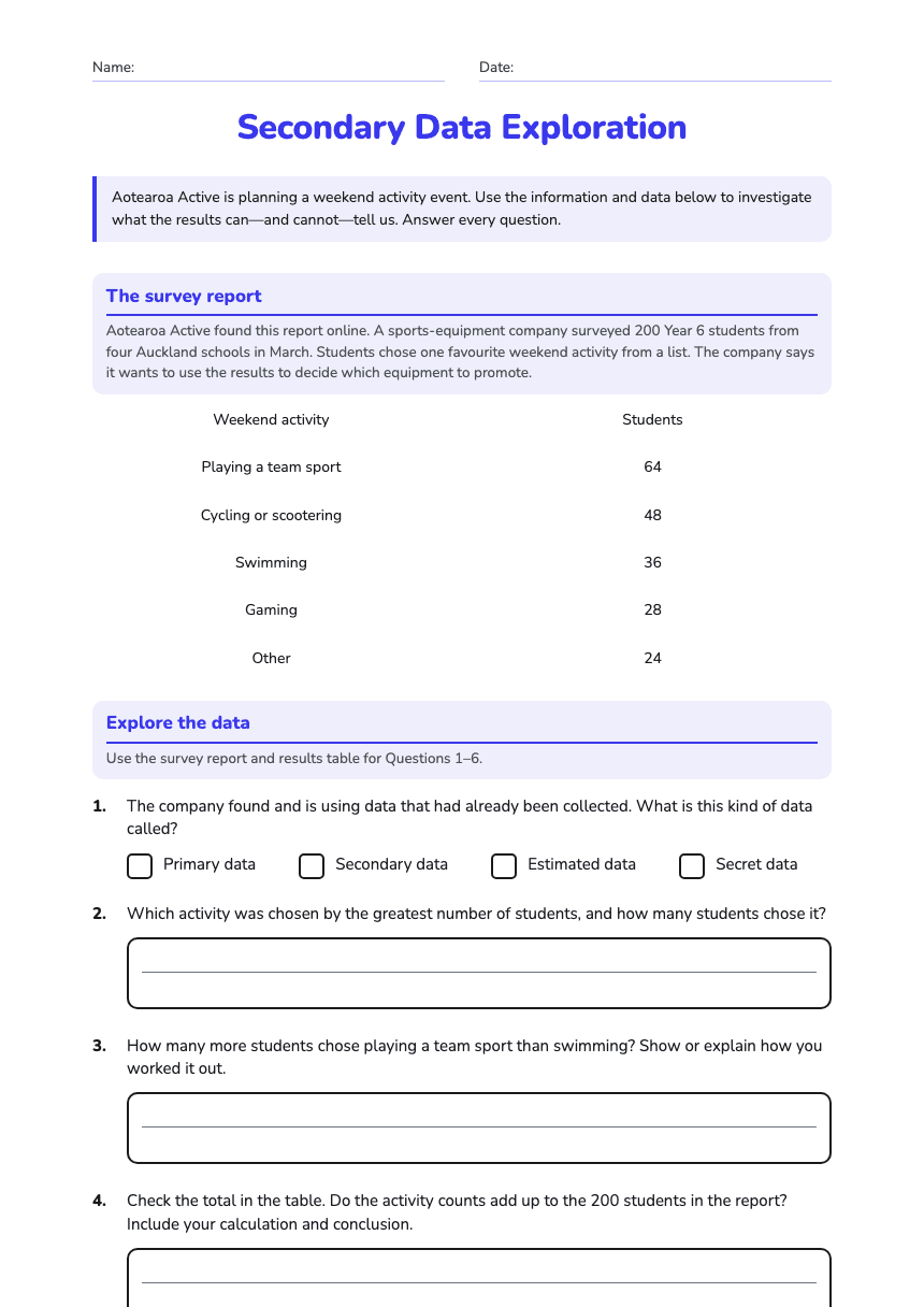 Secondary Data Exploration worksheet preview