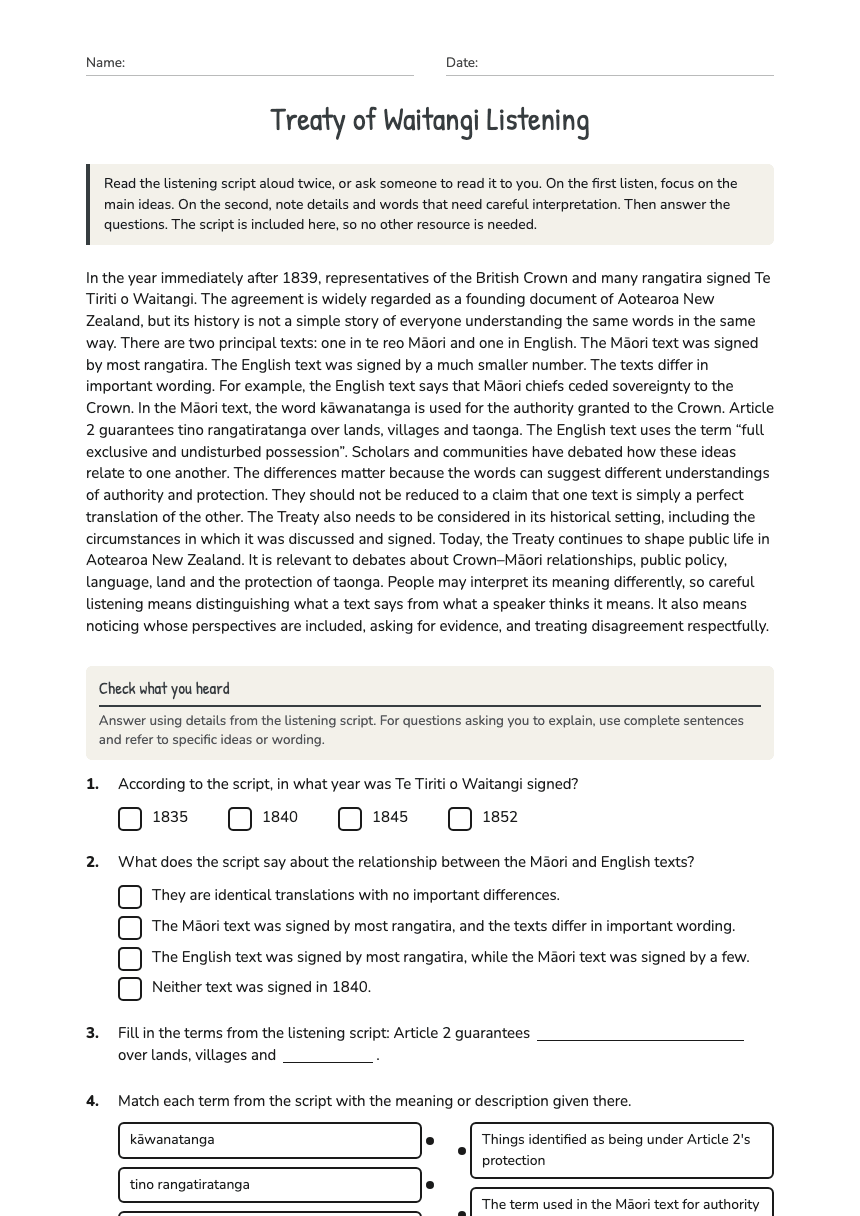 Treaty of Waitangi Listening worksheet preview