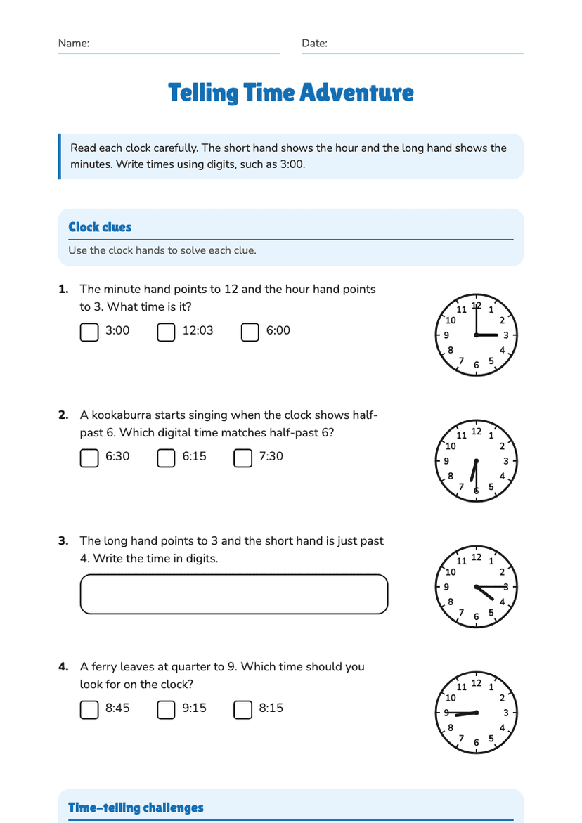 Telling Time Adventure