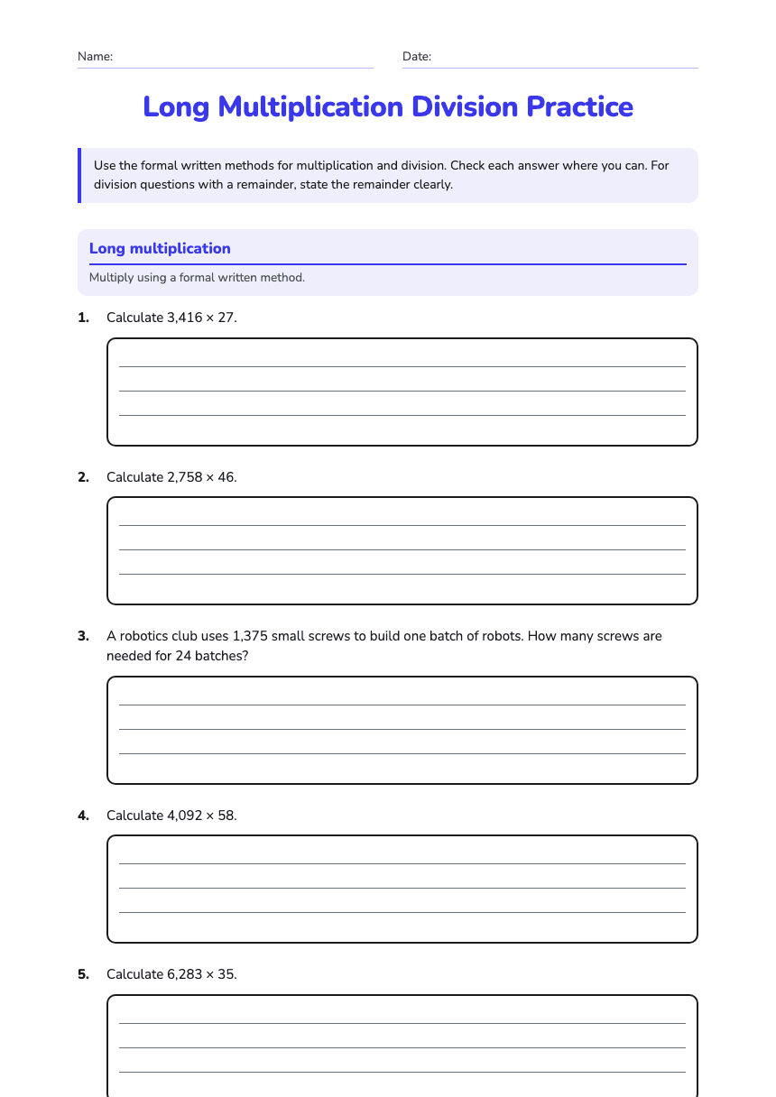 Long Multiplication Division Practice worksheet preview
