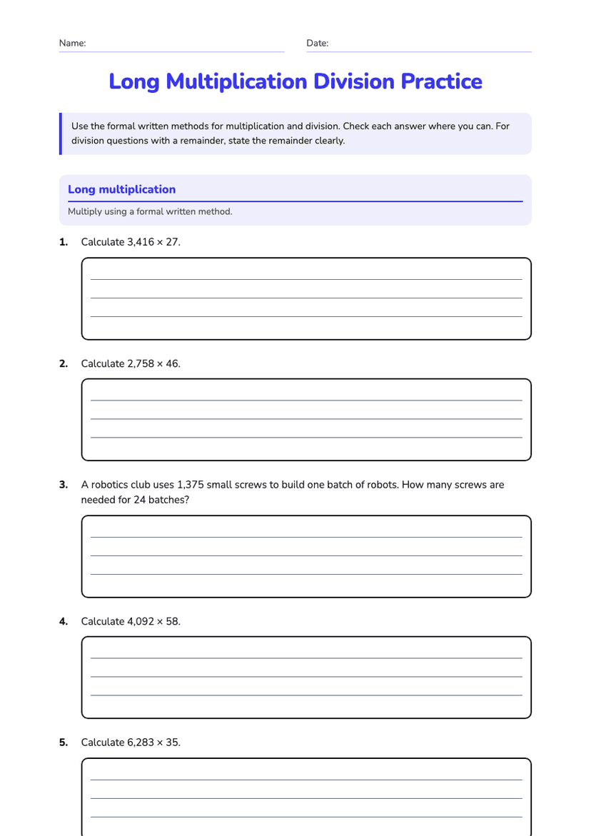 Long Multiplication Division Practice