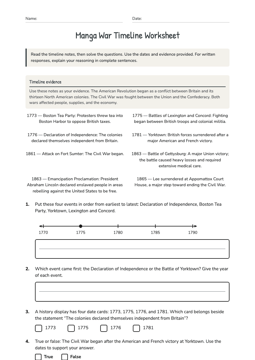 Manga War Timeline Worksheet worksheet preview