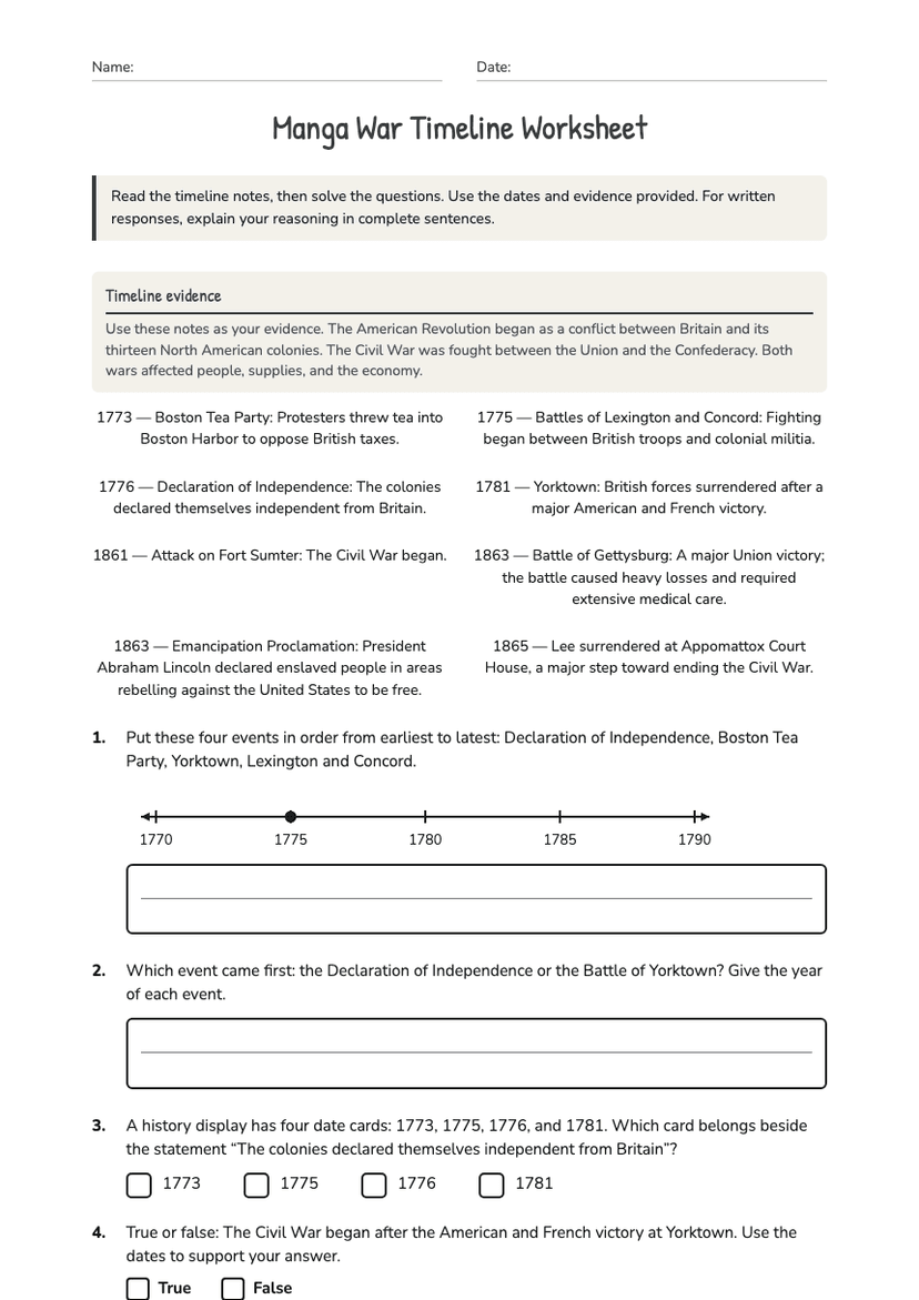 Manga War Timeline Worksheet