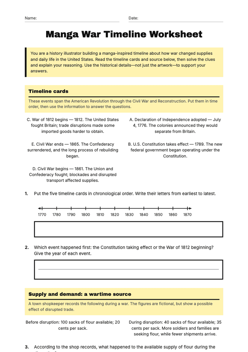 Manga War Timeline Worksheet