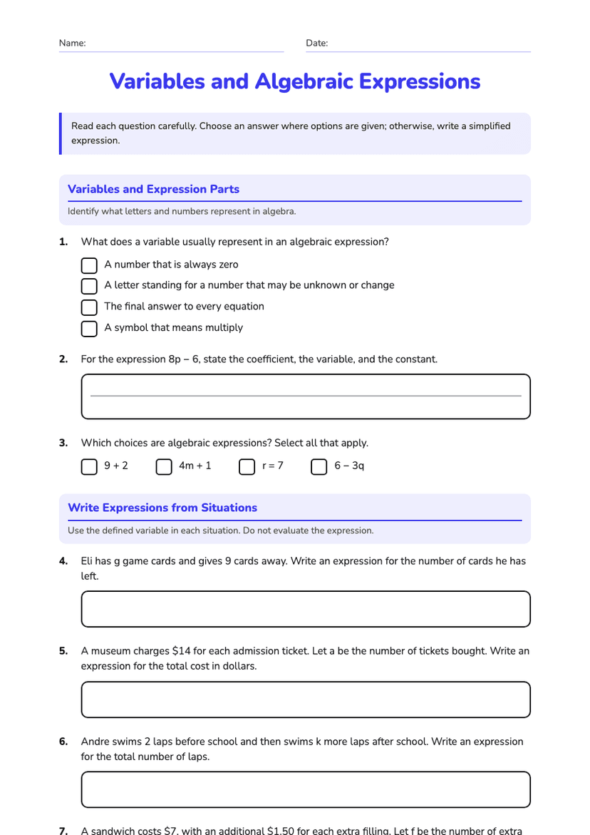 Variables and Algebraic Expressions