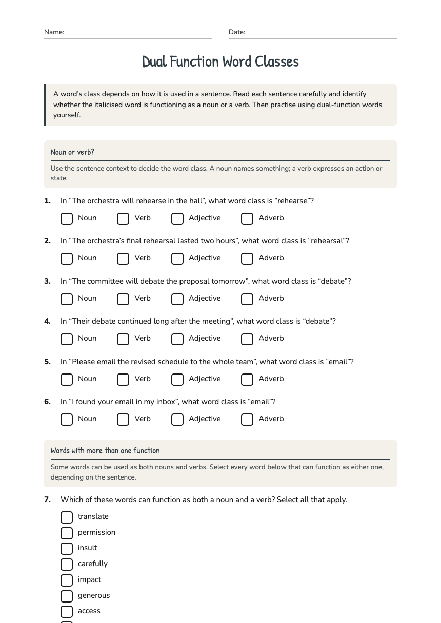 Dual Function Word Classes worksheet preview