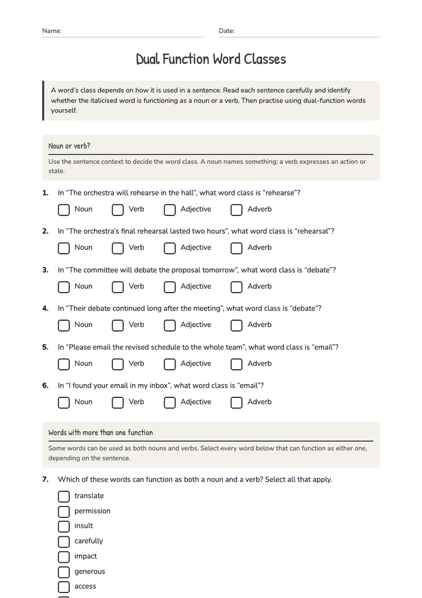 Dual Function Word Classes