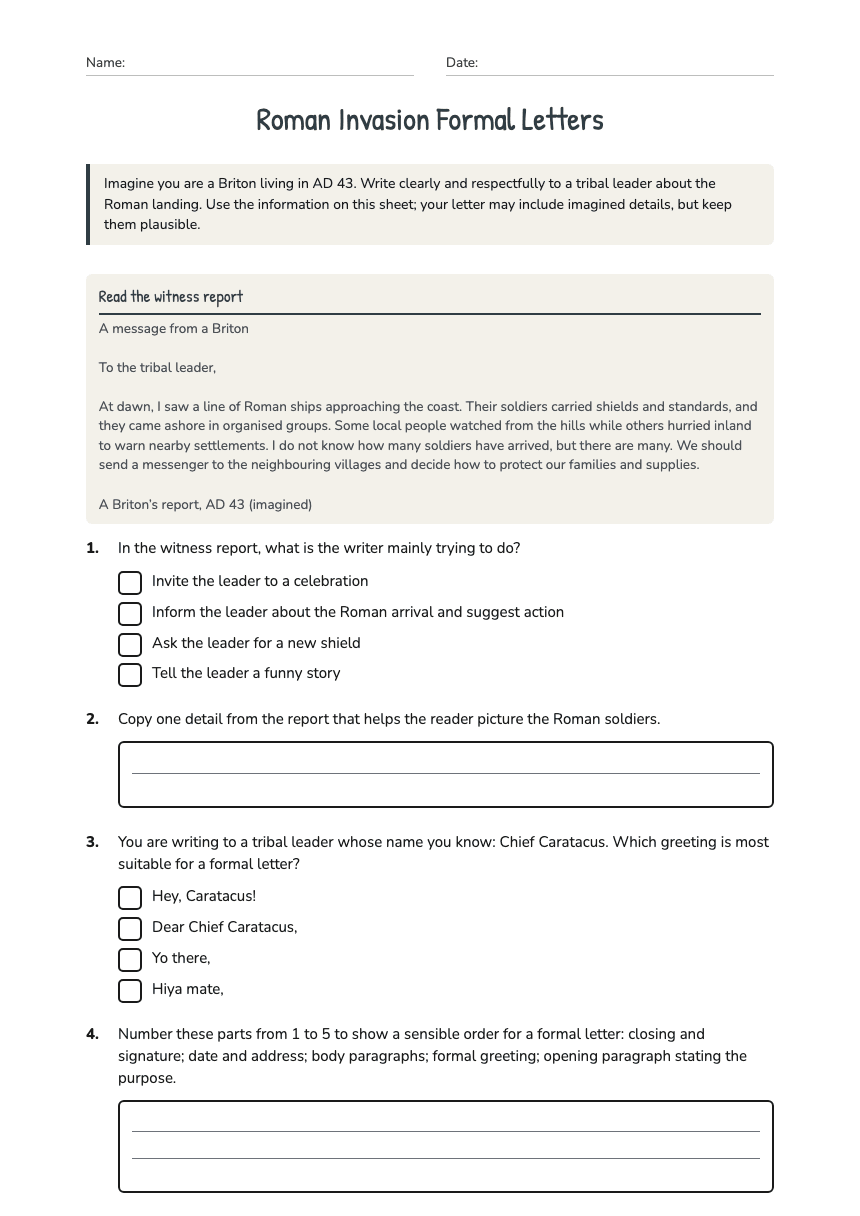 Roman Invasion Formal Letters worksheet preview