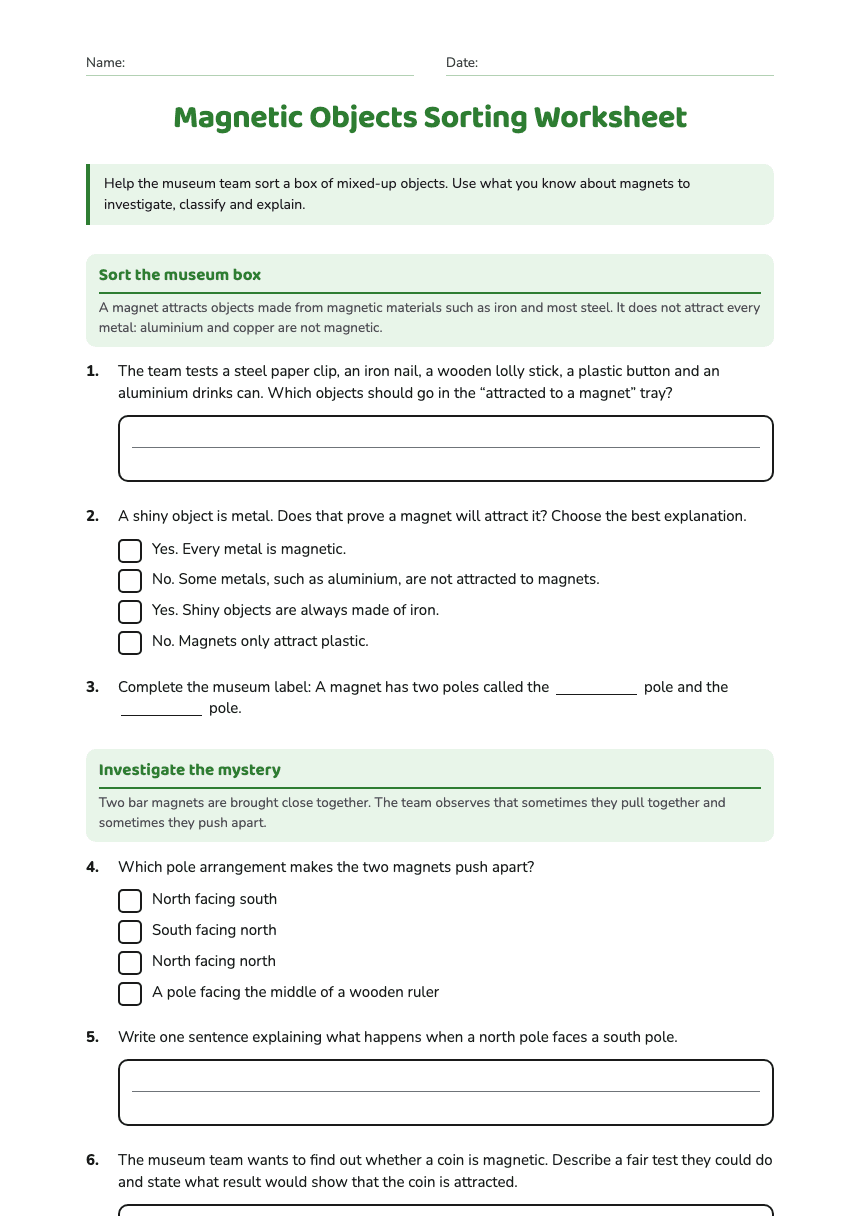 Magnetic Objects Sorting Worksheet worksheet preview