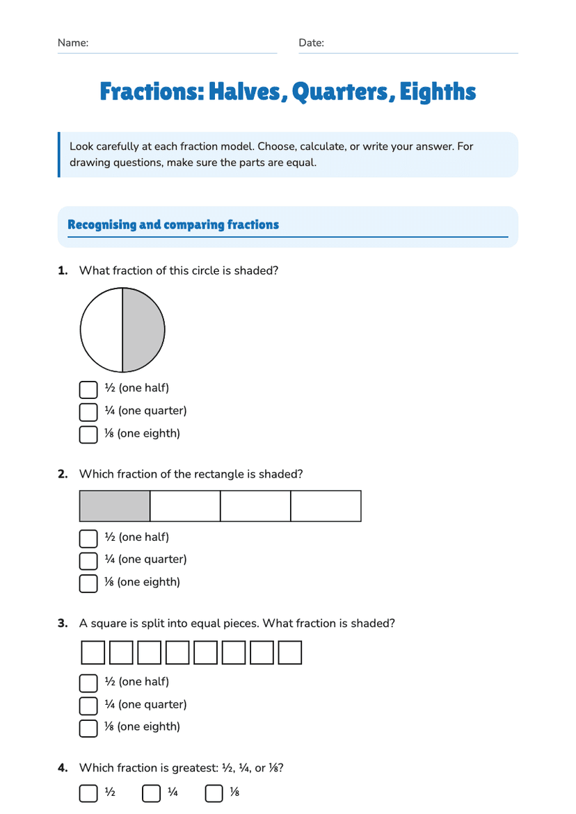 Fractions: Halves, Quarters, Eighths