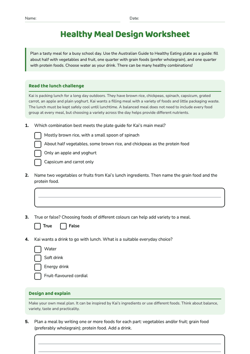 Healthy Meal Design Worksheet