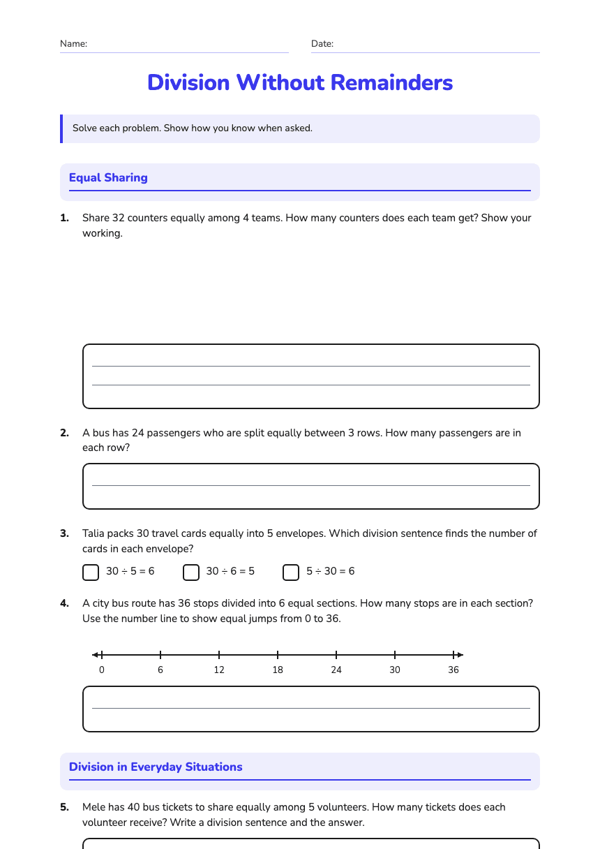 Division Without Remainders worksheet preview